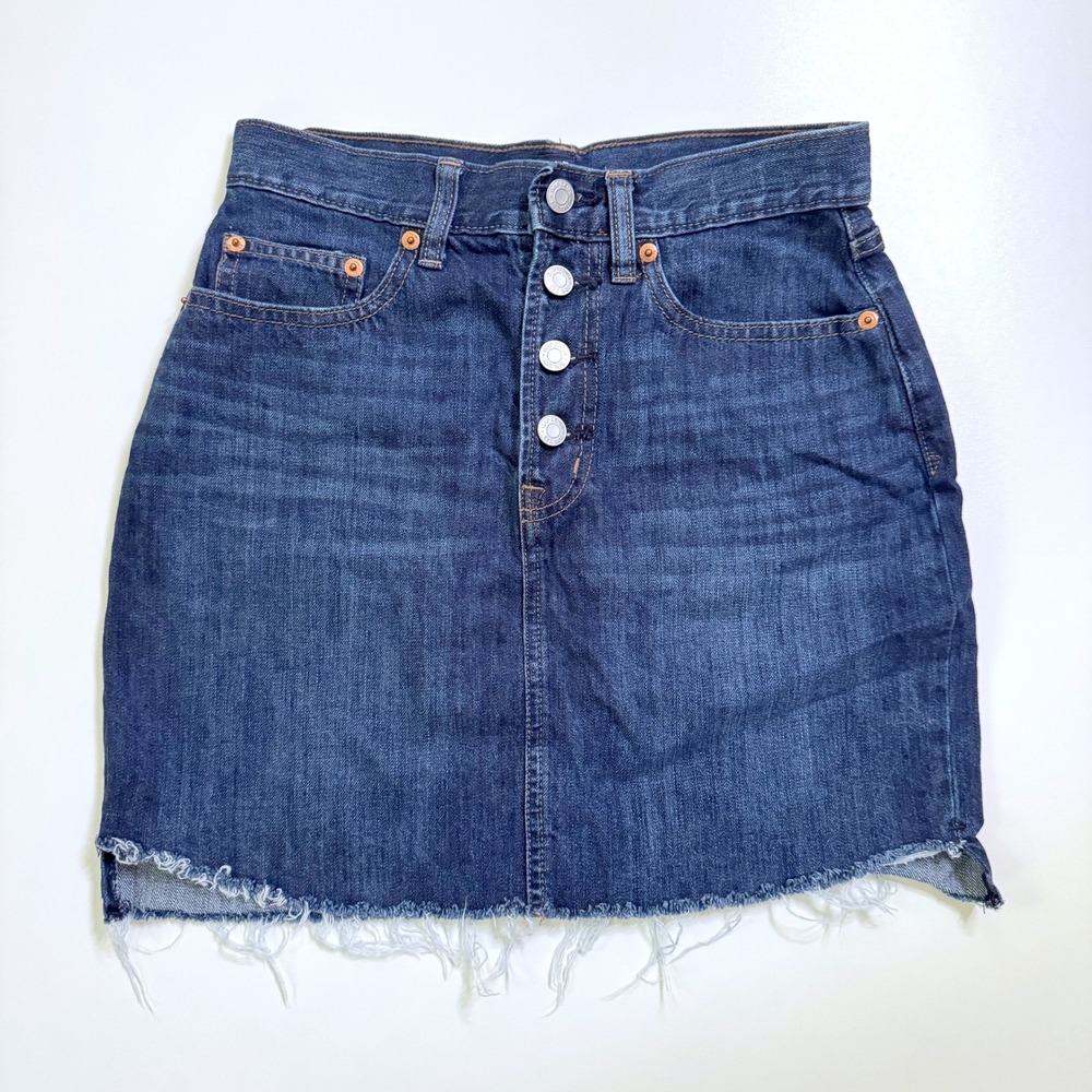 Gap Denim Skirt 26 Blue Mini Button Fly Raw Hem High Waisted 100% Cotton
